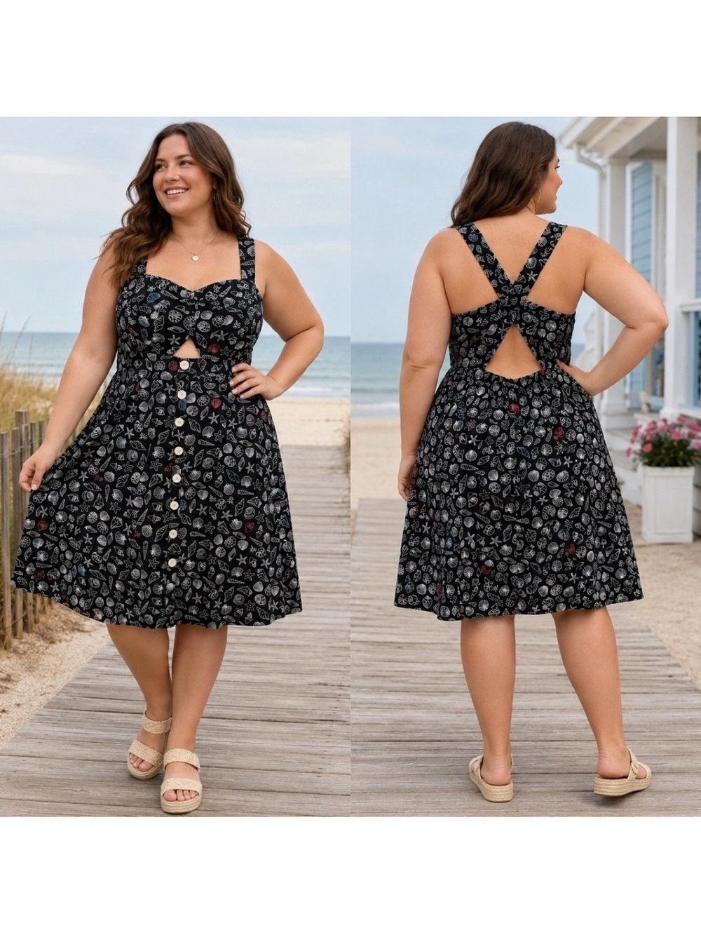 ModCloth Womens Seashore Spectacular Fit And Flare Dress Size 16W Cutout Black